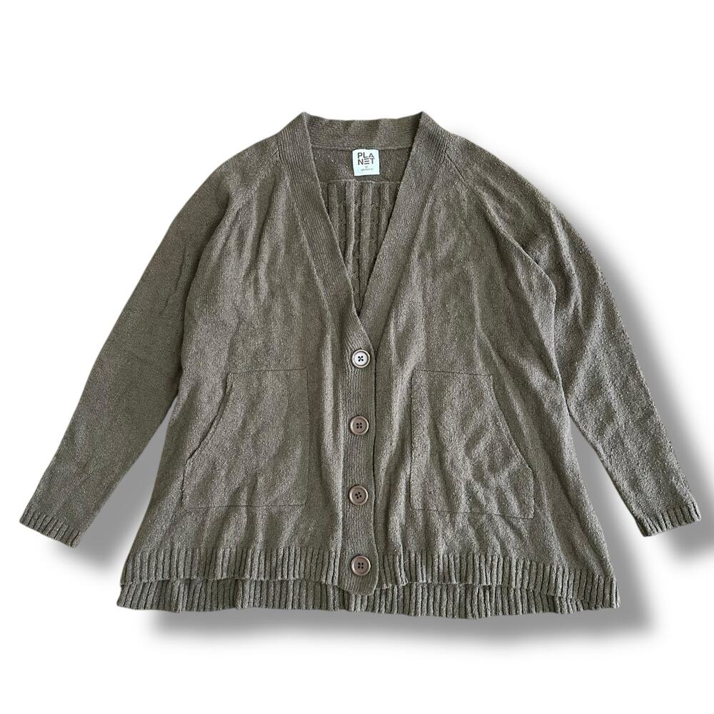 PLANET by Lauren G One Size Brown Cardigan Sweater V-Neck‎ Cable Back Knit